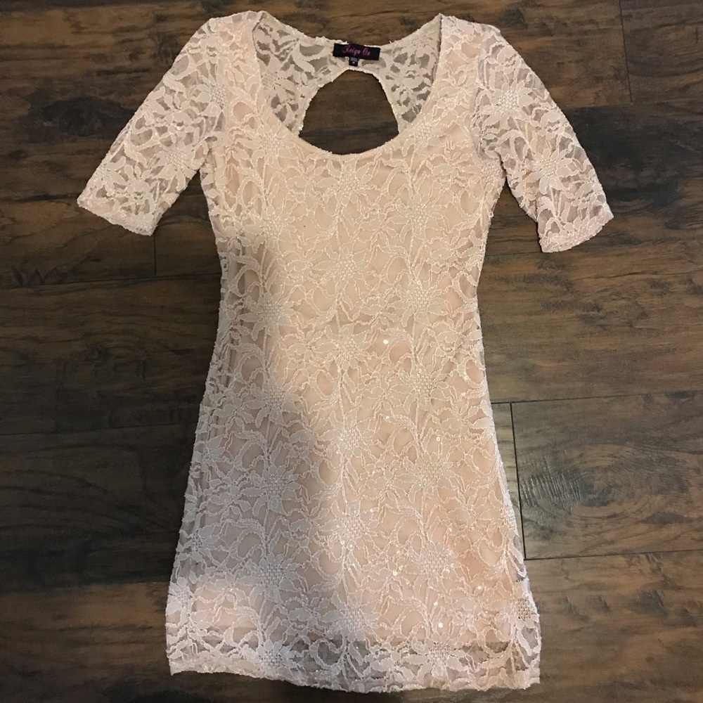 Blush lace backless mini dress with sequin detail